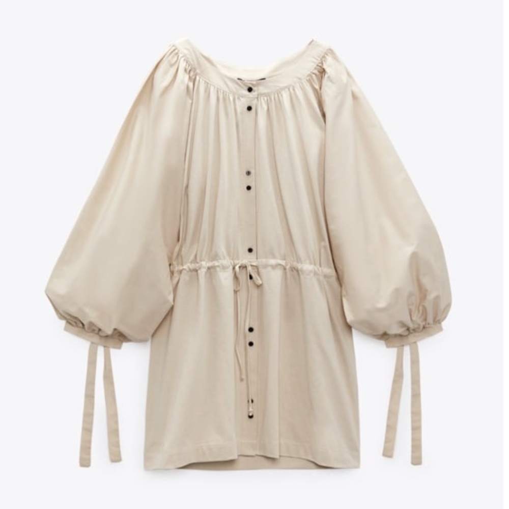 Zara boho cream balloon sleeves buttons mini shirt dress NWT